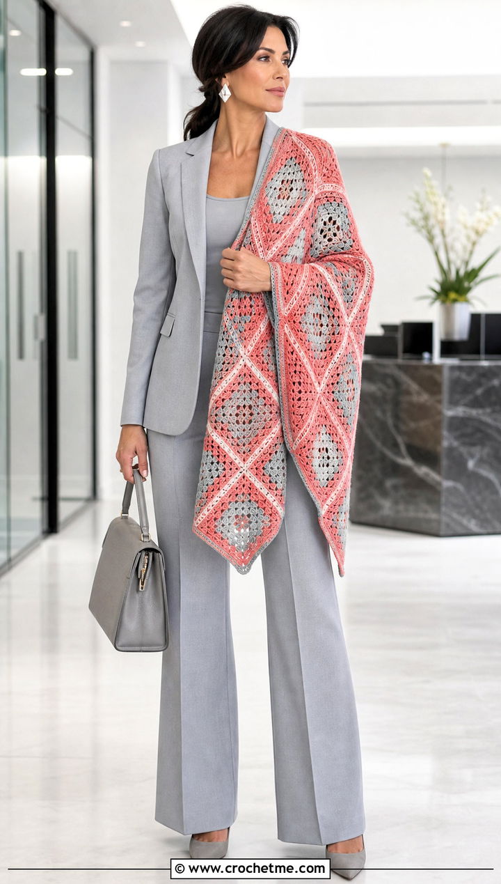 Diamond Mosaic Crochet Shawl With Monochrome Suit - 30 mosaic crochet shawl outfit ideas