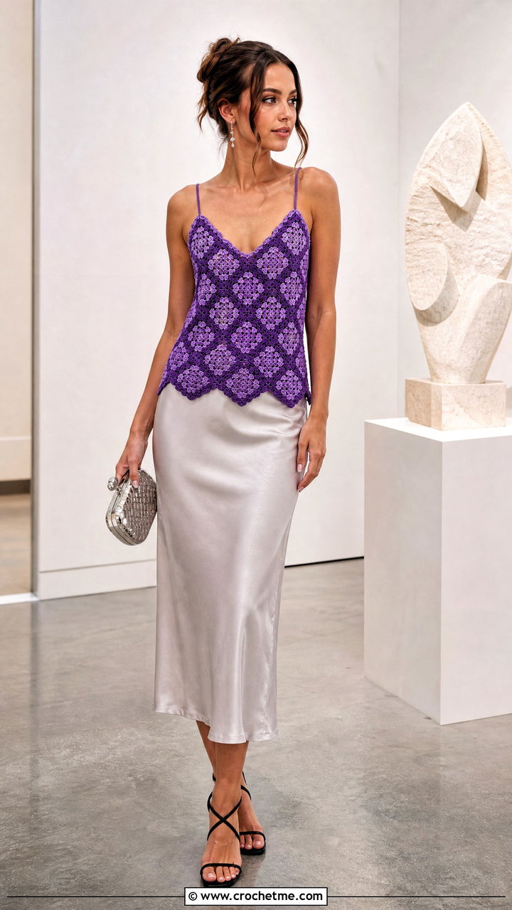 Diamond Motif Crochet Camisole With Satin Midi Skirt - 35 crochet diamond top outfit ideas