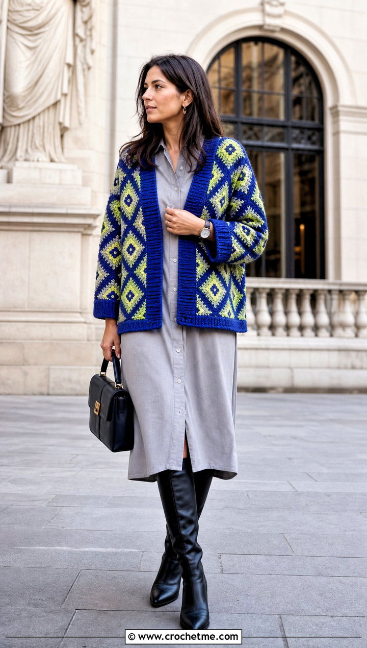 Diamond Motif Crochet Cardigan With Shirt Dress - 30 two color crochet cardigan outfit ideas