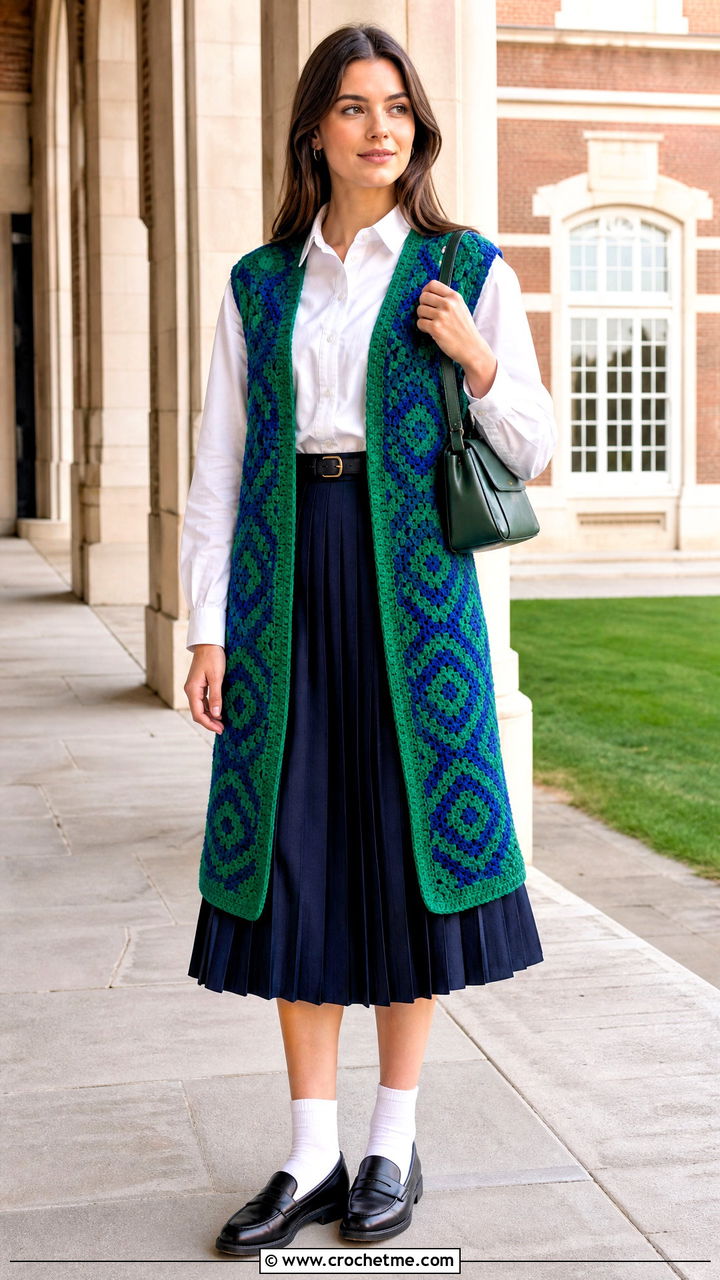 Diamond Motif Crochet Long Vest With Pleated Midi Skirt - 35 Crochet Long Vest outfit ideas