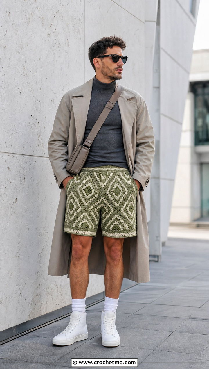 Diamond Motif Crochet Shorts With Trench Coat - 25 Crochet Shorts Mens outfit ideas