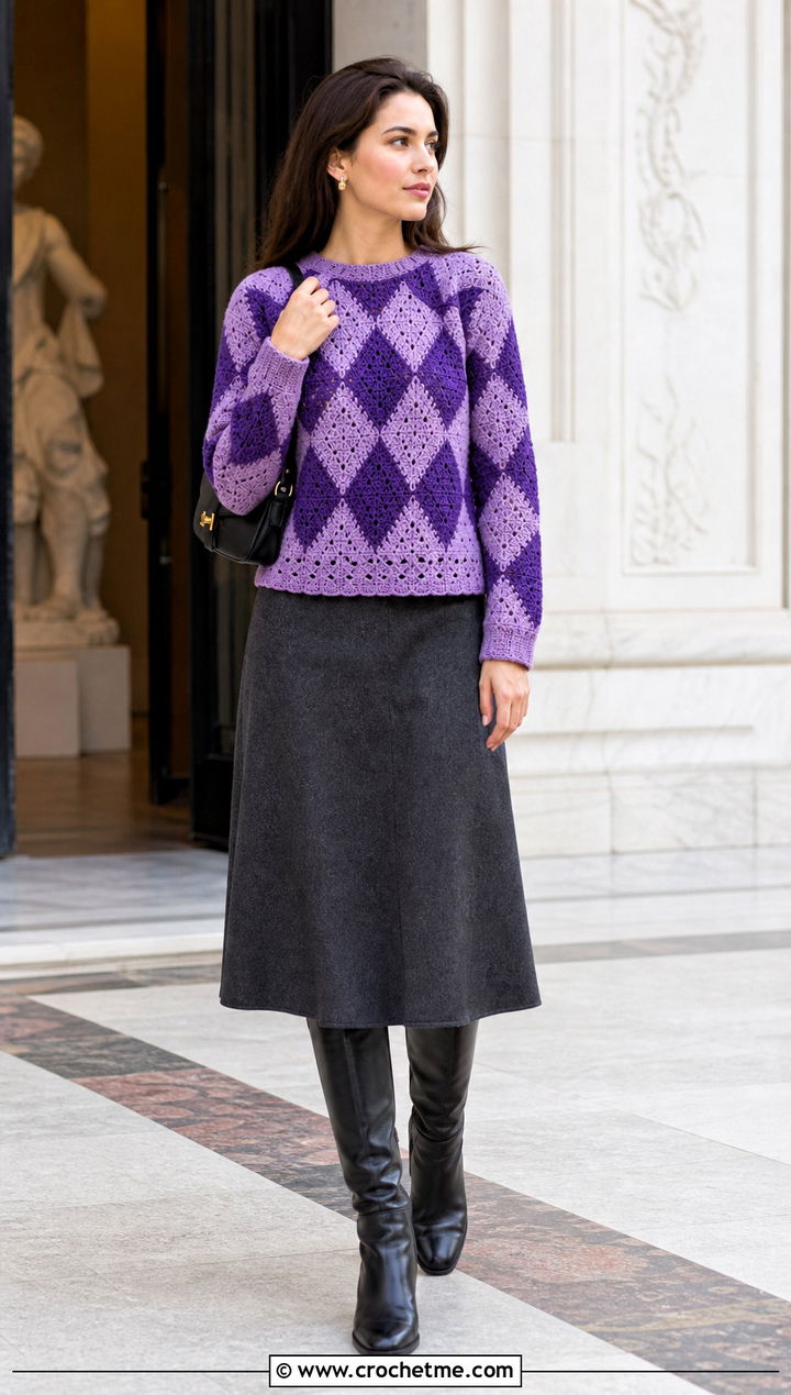 Diamond Motif Crochet Sweater With A Line Skirt - 25 90s crochet sweater outfit ideas