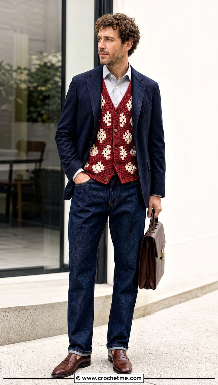Diamond Motif Crochet Vest With Blazer And Dark Jeans - 30 mens crochet vest outfit ideas