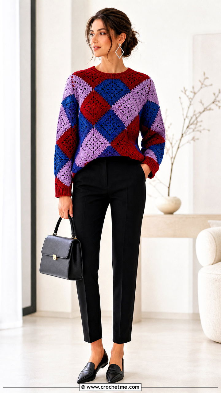 Diamond Patchwork Crochet Sweater With Cigarette Pants - 35 patchwork crochet sweater outfit ideas
