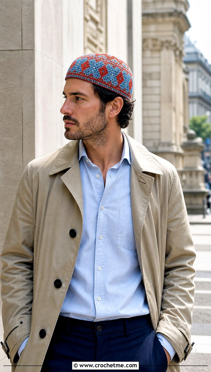 Diamond Pattern Crochet Skull Cap With Trench Coat And Sneakers - 25 Crochet Skull Cap For Men outfit ideas