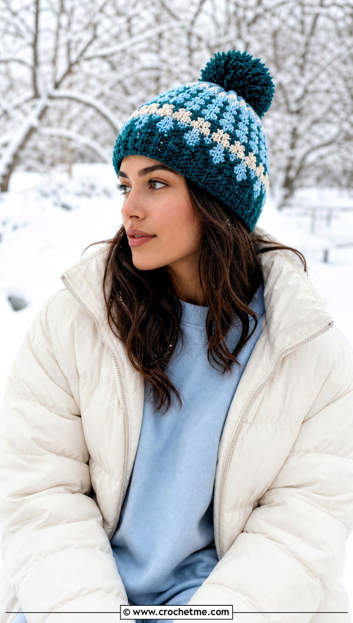 Diamond Pom Pom Fair Isle Crochet Beanie With Puffer Jacket - 15 Fair Isle Crochet Beanie outfit ideas