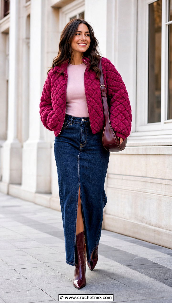 Diamond Puff Stitch Crochet Puffer Jacket With Denim Maxi Skirt - 35 crochet puffer jacket outfit ideas