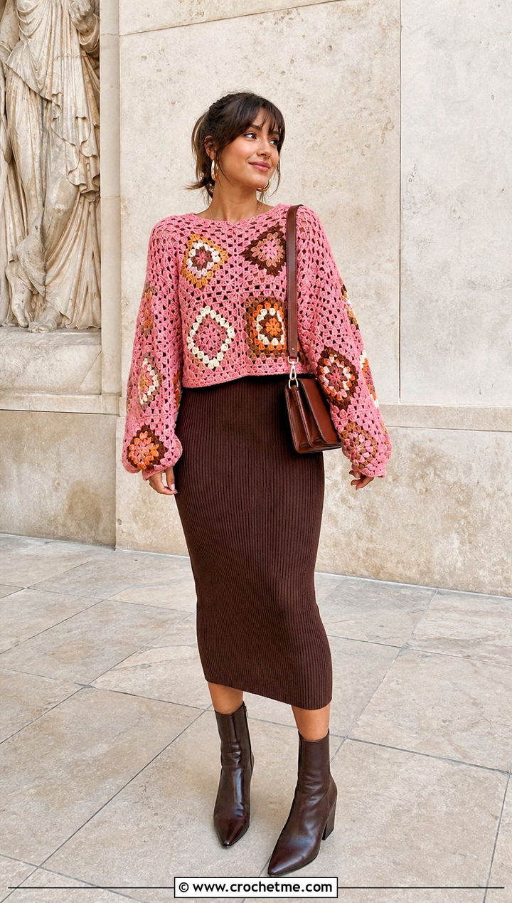 Diamond Set Granny Triangle Crochet Sweater With Midi Dress - 15 triangle crochet sweater outfit ideas