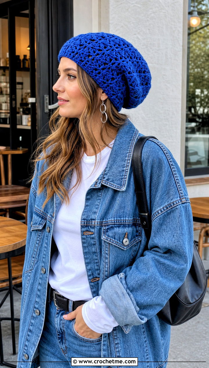 Diamond Slouch Crochet Hat With Denim Jacket - 15 Diamond Crochet Hat outfit ideas