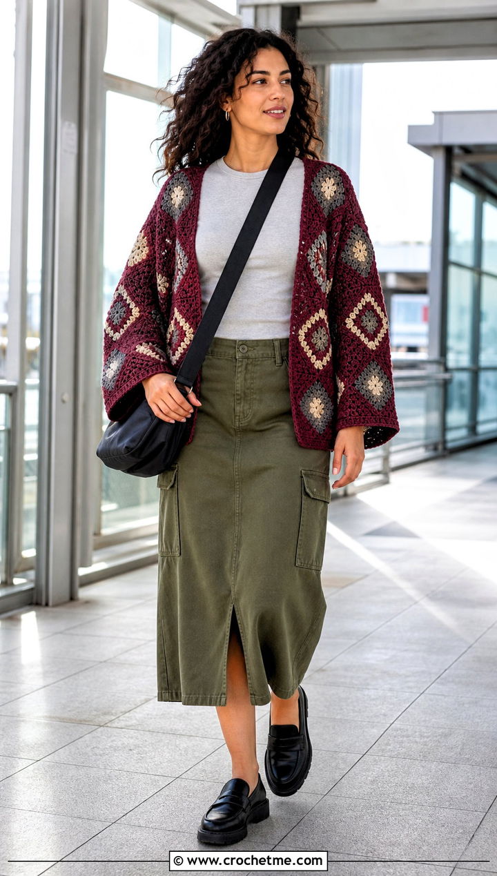 Diamond Square Patch Crochet Cardigan With Cargo Midi Skirt - 25 Square Patch Crochet Cardigan outfit ideas