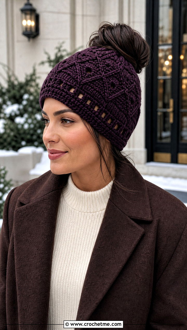 Diamond Stitch Bun Beanie With Sweater Dress - 15 bun crochet hat outfit ideas