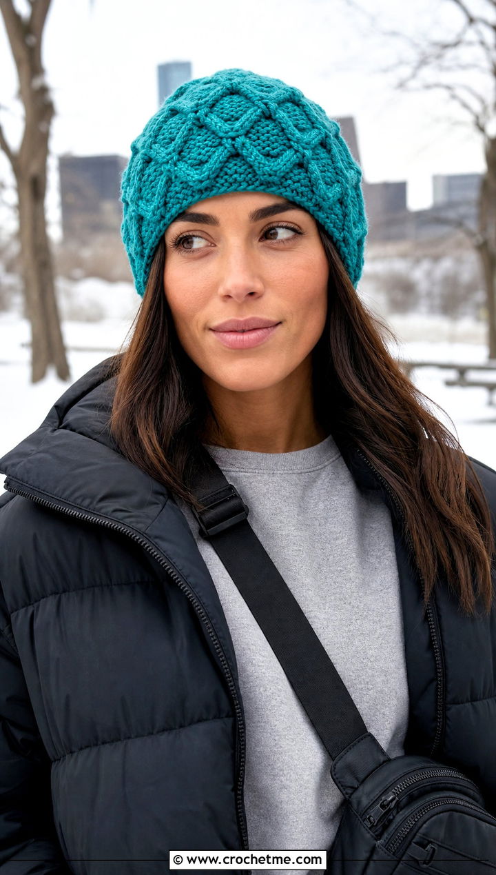 Diamond Stitch Cabled Crochet Beanie With Puffer Jacket - 15 cabled crochet beanie design outfit ideas