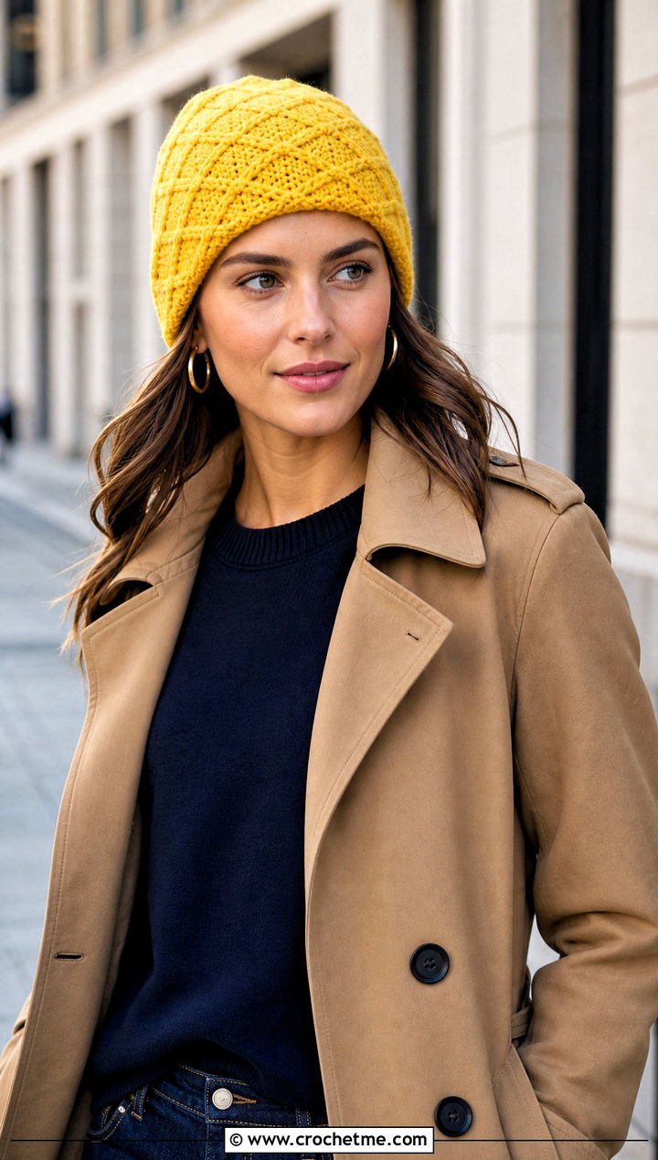 Diamond Stitch Crochet Beanie With Trench Coat - 15 Diamond Crochet Hat outfit ideas