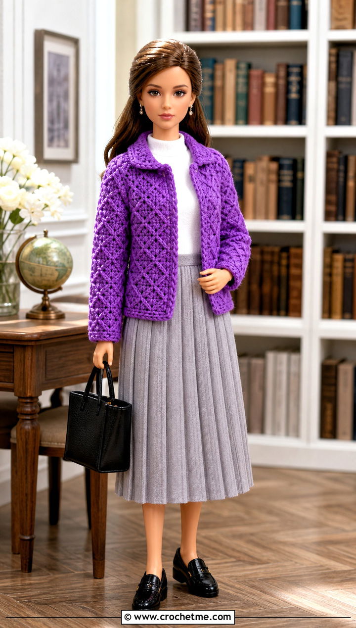 Diamond Stitch Crochet Doll Jacket With A Midi Skirt - 30 crochet doll jacket outfit ideas
