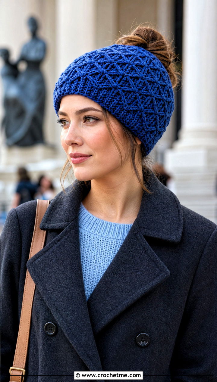 Diamond Stitch Crochet Messy Bun Hat With Elastic And Peacoat - 25 Crochet Messy Bun Hat With Elastic outfit ideas