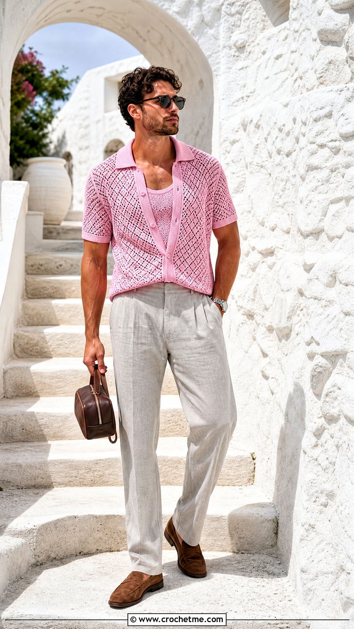 Diamond Stitch Crochet Polo Sweater With Linen Pants - 35 men crochet sweater outfit ideas