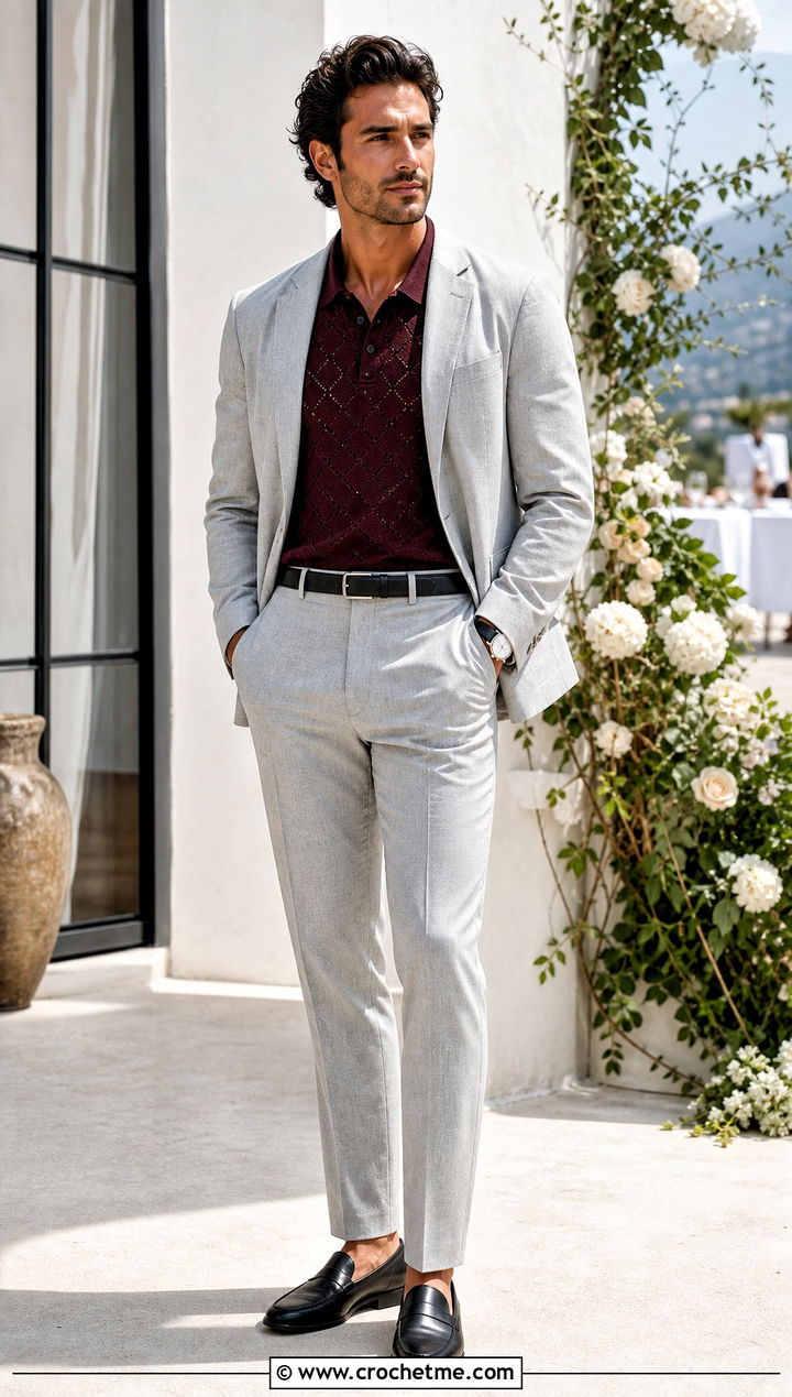 Diamond Stitch Crochet Polo With A Summer Suit - 30 men crochet top outfit ideas