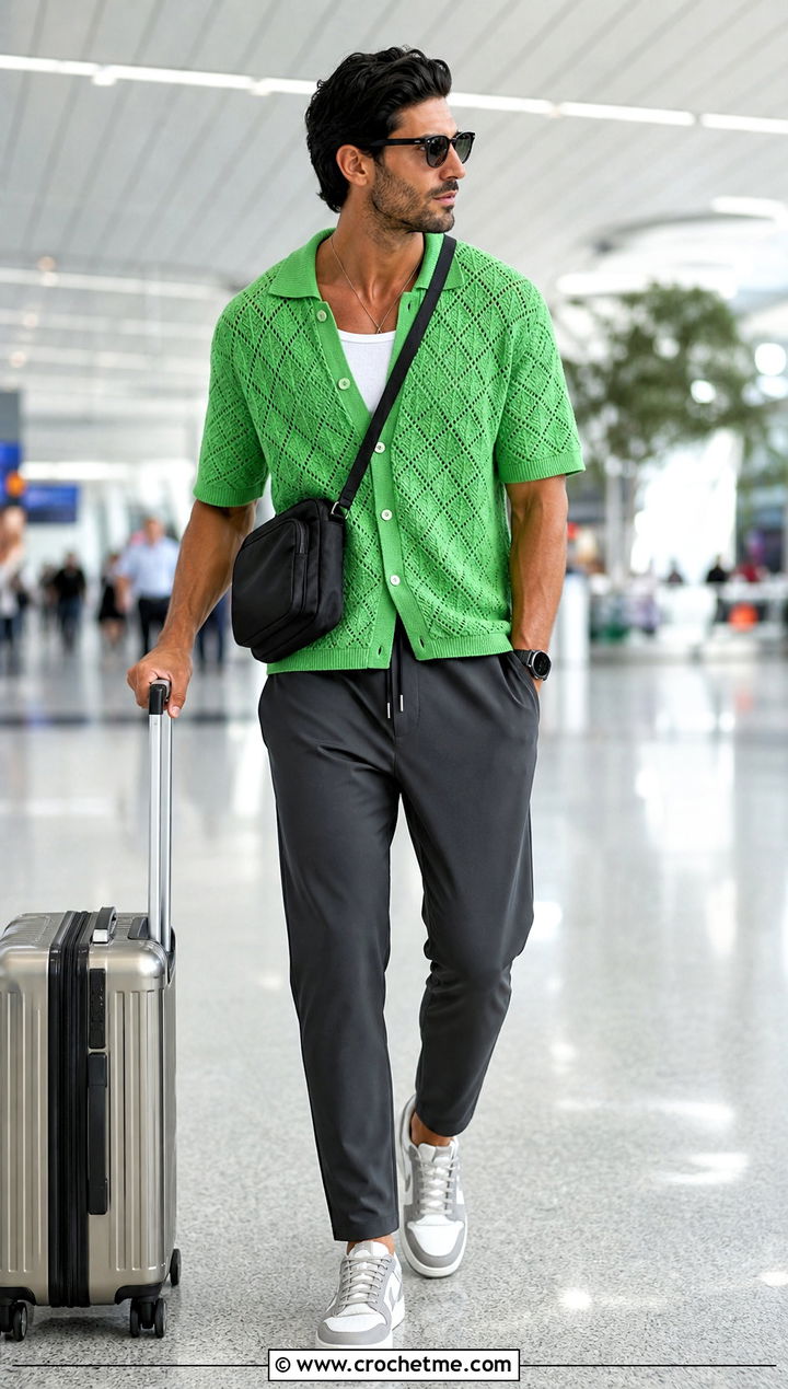 Diamond Stitch Crochet Polo With Track Pants - 15 Mens Crochet Polo Shirt outfit ideas