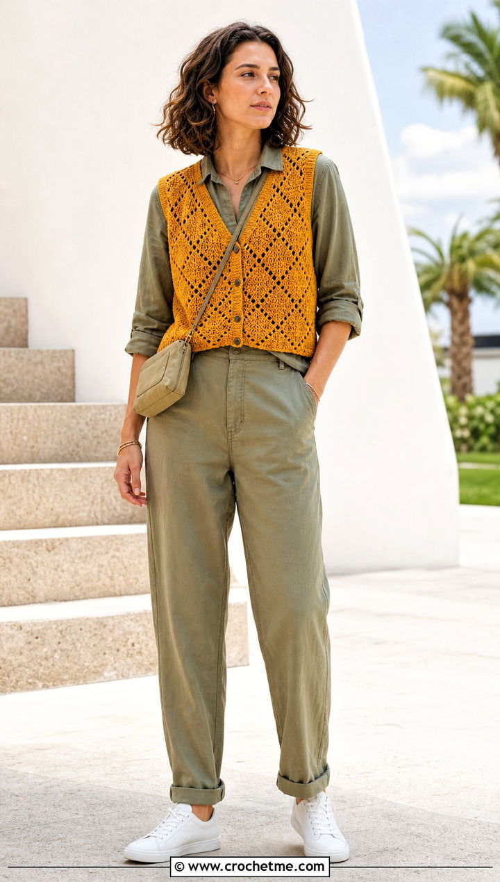 Diamond Stitch Crochet Sleeveless Vest With Utility Jumpsuit - 35 crochet sleeveless vest outfit ideas