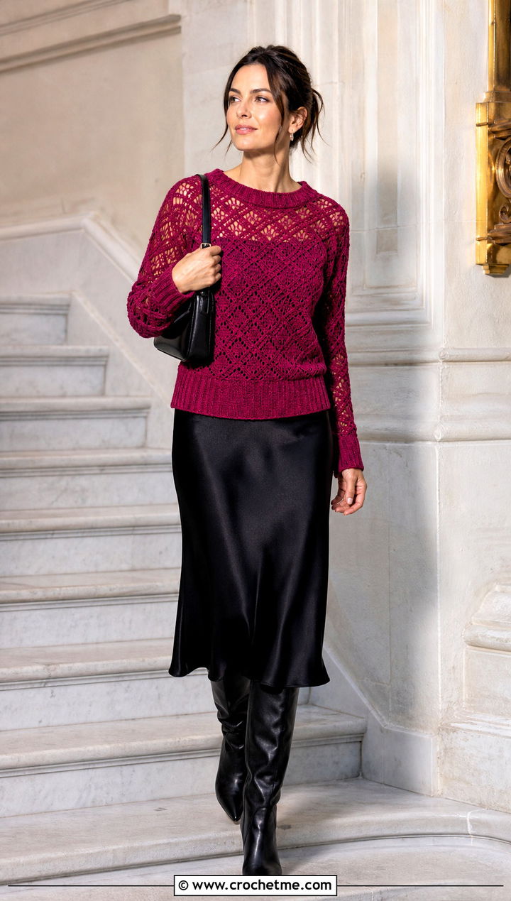 Diamond Stitch Crochet Sweater With Bias Cut Skirt - 25 Crochet Textured Sweater outfit ideas