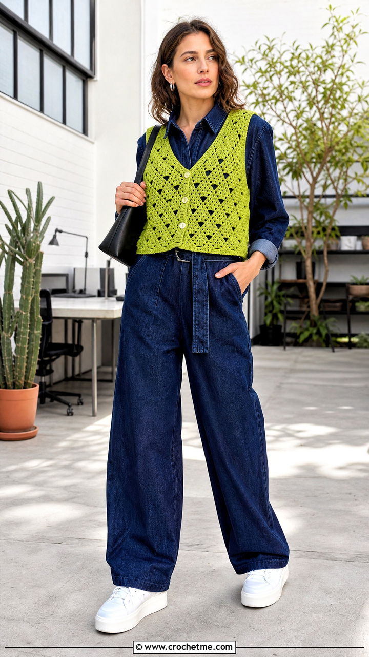 Diamond Stitch Crochet Vest With Denim Jumpsuit - 35 easy crochet vest outfit ideas
