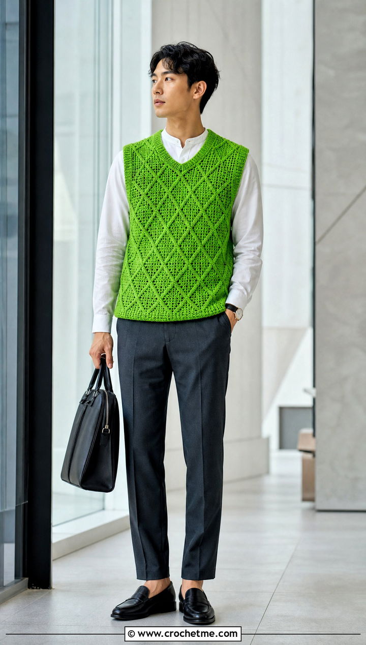 Diamond Stitch Crochet Vest With Suit Trousers - 30 men's crochet vest outfit ideas