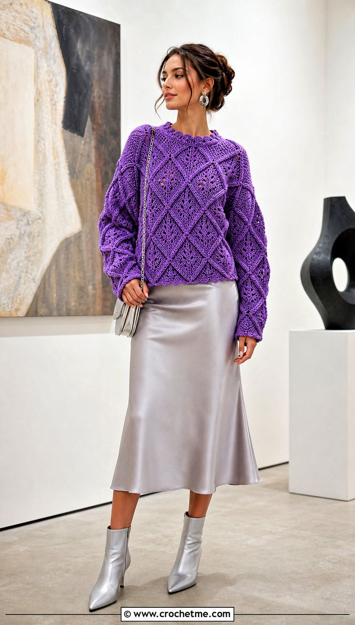 Diamond Stitch Irish Sweater With Satin Midi Skirt - 25 Crochet Irish Sweater outfit ideas