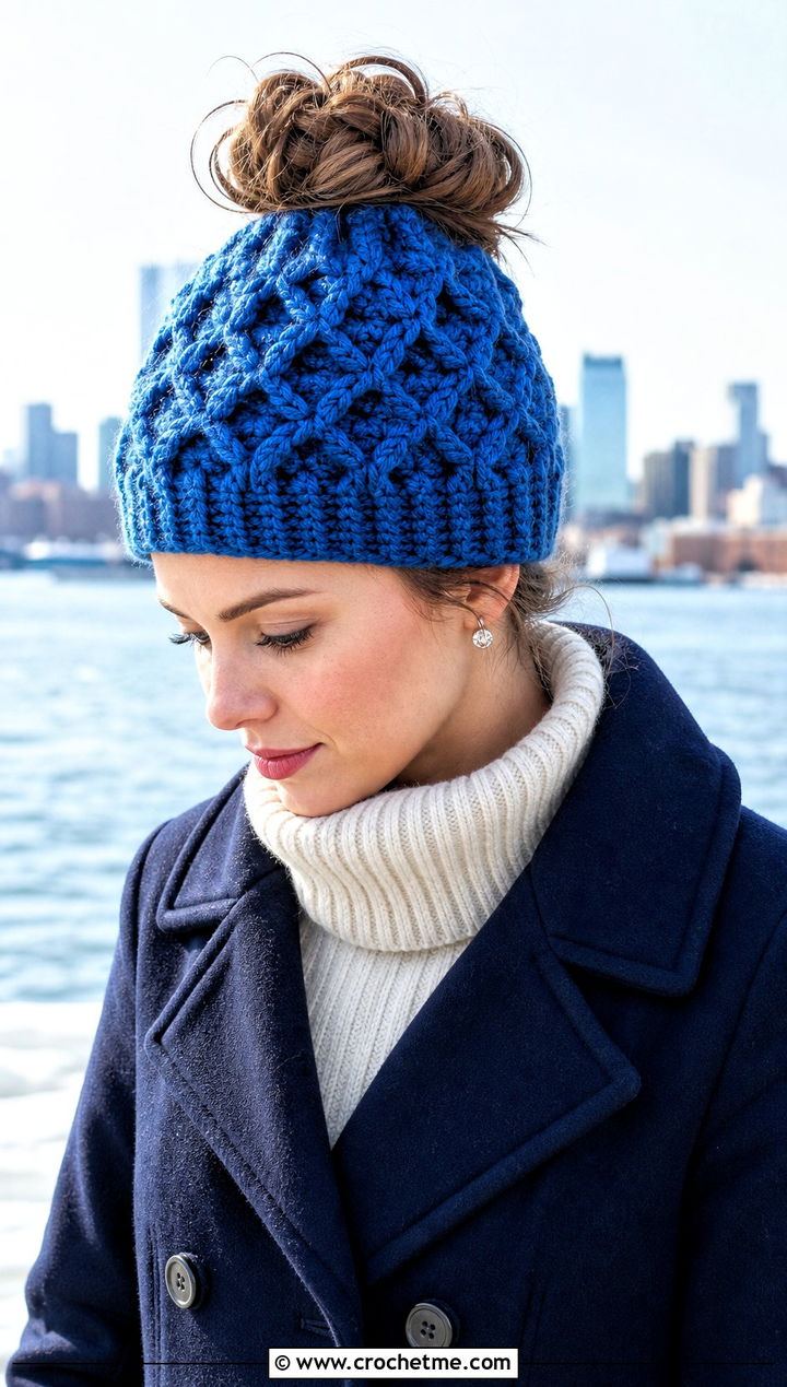 Diamond Stitch Messy Bun Crochet Hat With Peacoat - 25 messy bun crochet hat with hair tie outfit ideas