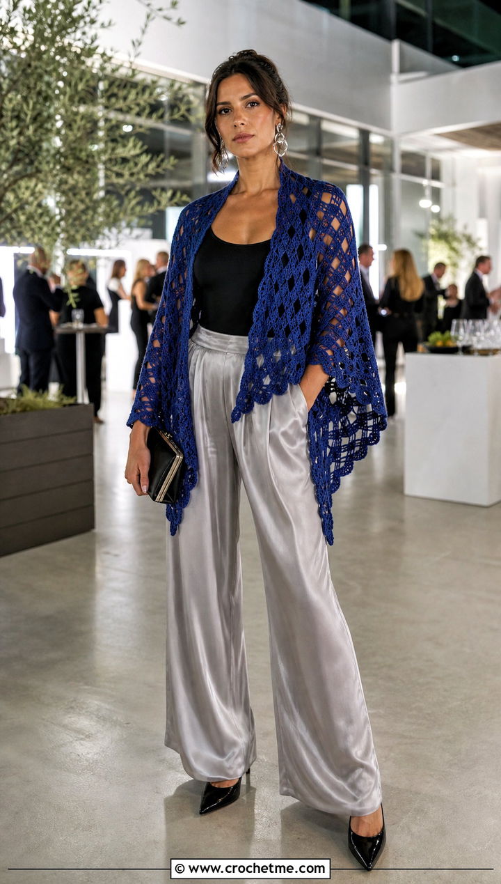 Diamond Stitch Outlander Shawl With Satin Pants - 35 crochet outlander shawl outfit ideas