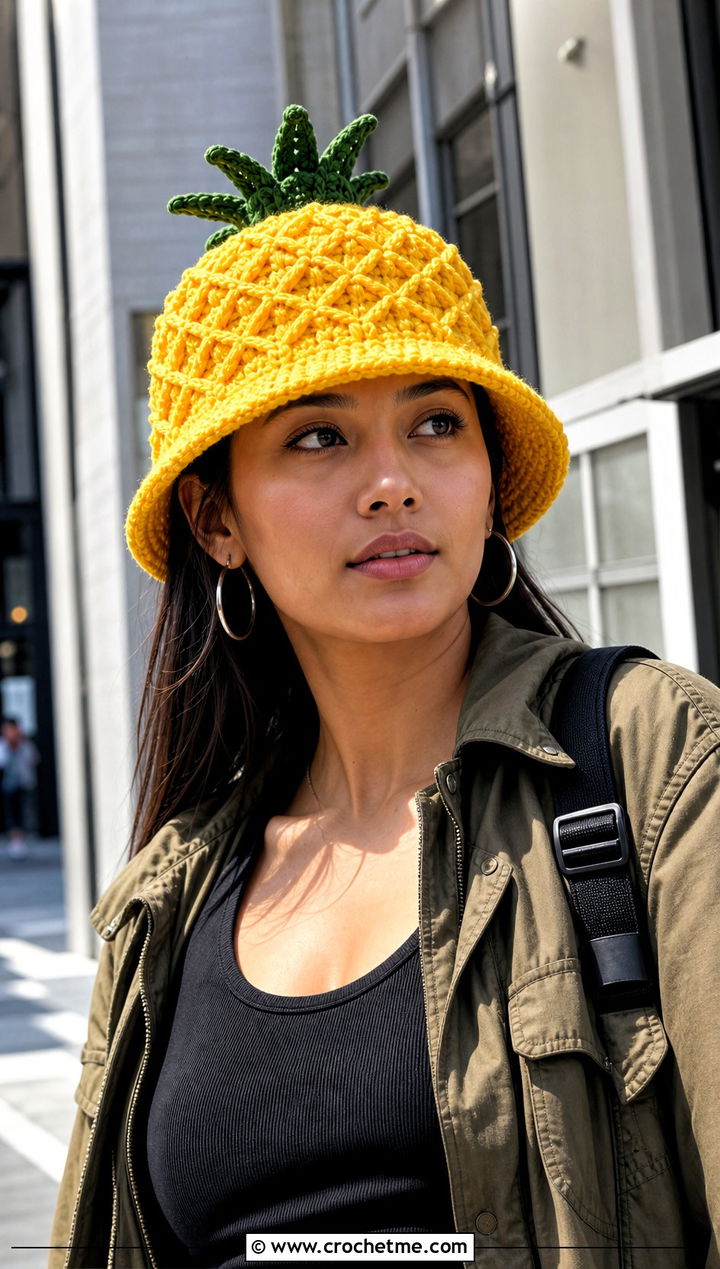 Diamond Stitch Yellow Crochet Pineapple Bucket Hat With Cargo Pants - 15 Yellow Crochet Pineapple Hat outfit ideas