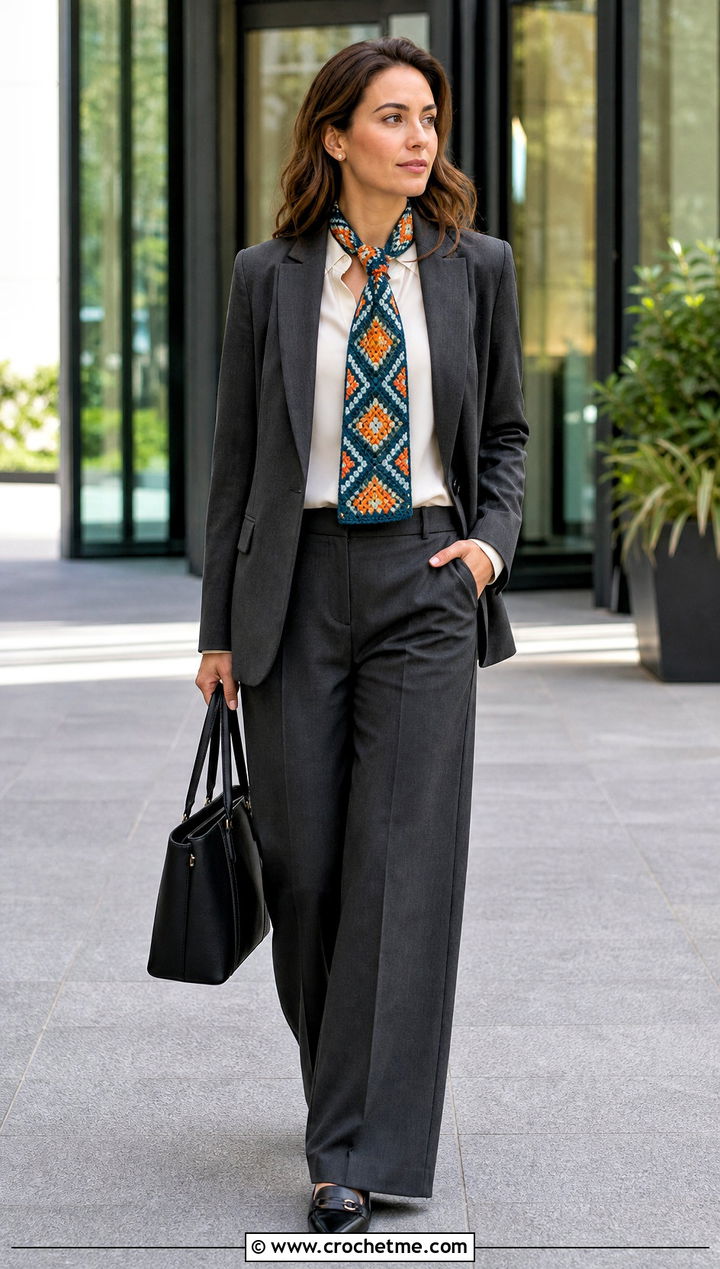 Diamond Tapestry Crochet Scarf With Blazer And Trousers - 35 tapestry crochet scarf outfit ideas