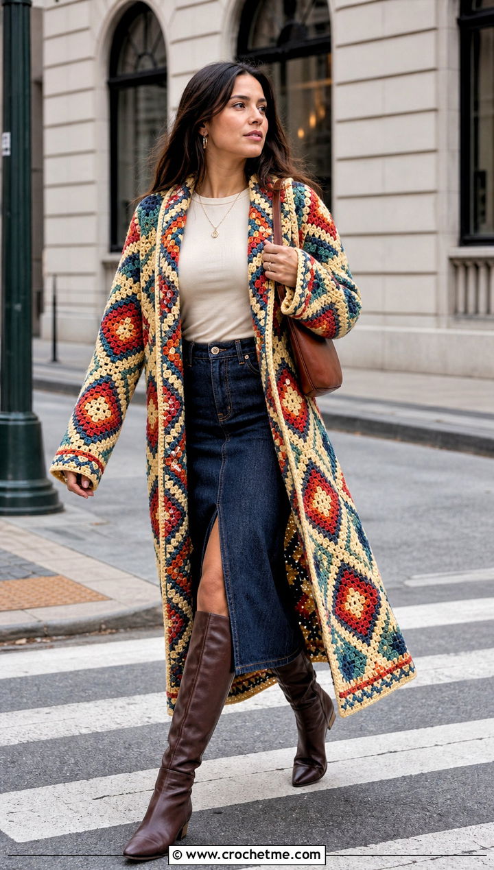 Diamond Tapestry Howl Crochet Coat With Denim Midi Skirt - 25 howl crochet coat outfit ideas