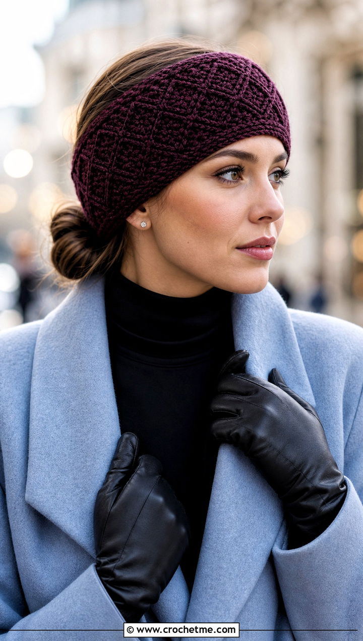 Diamond Texture Crochet Ear Warmer With Cape Coat And Wide Leg Trousers - 15 Easy Crochet Headband Ear Warmers outfit ideas
