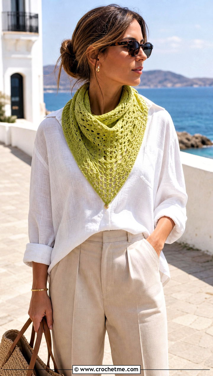 Diamond Triangle Scarf With Linen Shirt And Trousers - 15 diamond crochet scarf outfit ideas