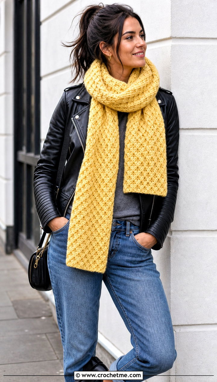 Diamond Waffle Stitch Scarf With Leather Jacket - 15 diamond crochet scarf outfit ideas