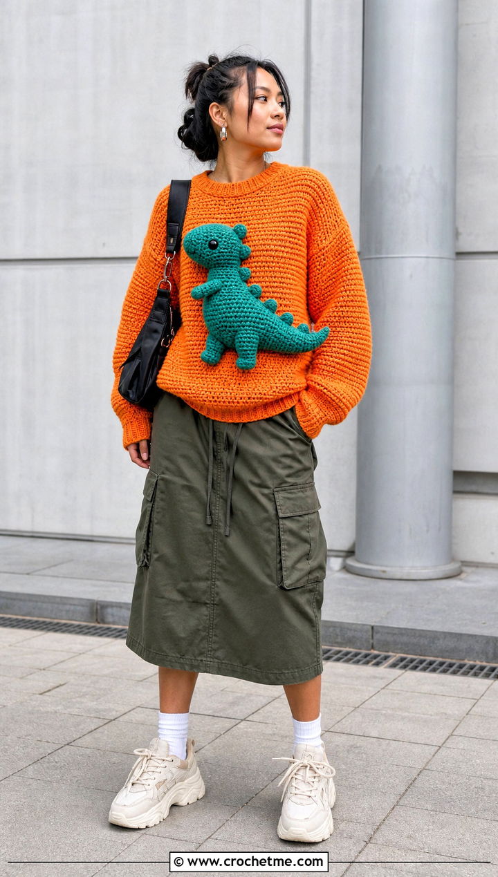 Dinosaur Amigurumi Sweater With Utility Skirt - 30 amigurumi sweater outfit ideas