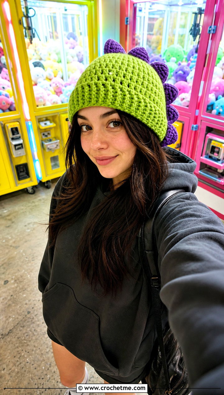 Dinosaur Crochet Beanie With Oversized Hoodie - 30 crochet funny hats outfit ideas