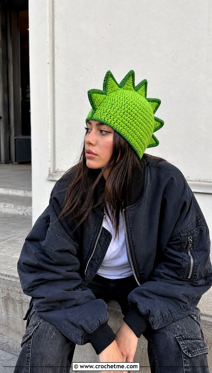 Dinosaur Spike Crochet Beanie With A Bomber Jacket - 30 funny crochet hat outfit ideas