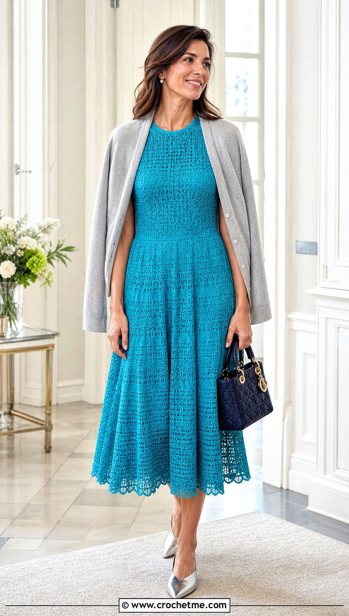Dior A Line Crochet Midi Dress With Cashmere Cardigan - 20 dior crochet dress outfit ideas