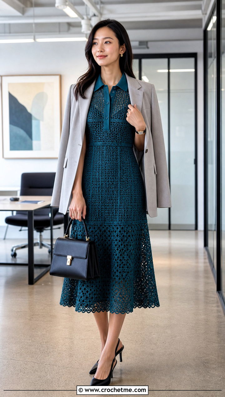 Dior Collared Crochet Midi Dress With Tailored Blazer - 20 dior crochet dress outfit ideas