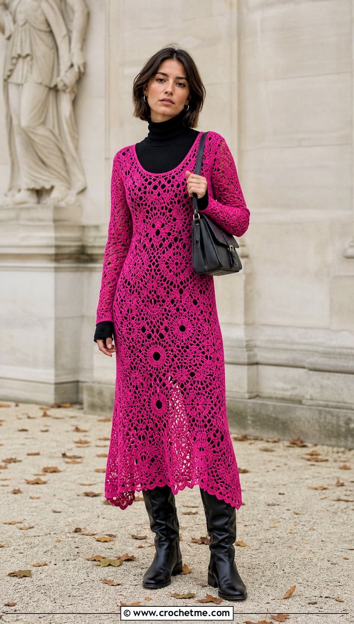 Dior Long Sleeve Openwork Crochet Dress With Turtleneck - 20 dior crochet dress outfit ideas