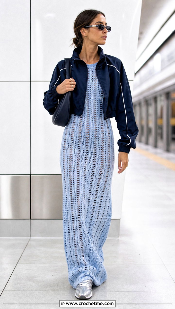 Dior Striped Crochet Column Dress With Track Jacket - 20 dior crochet dress outfit ideas