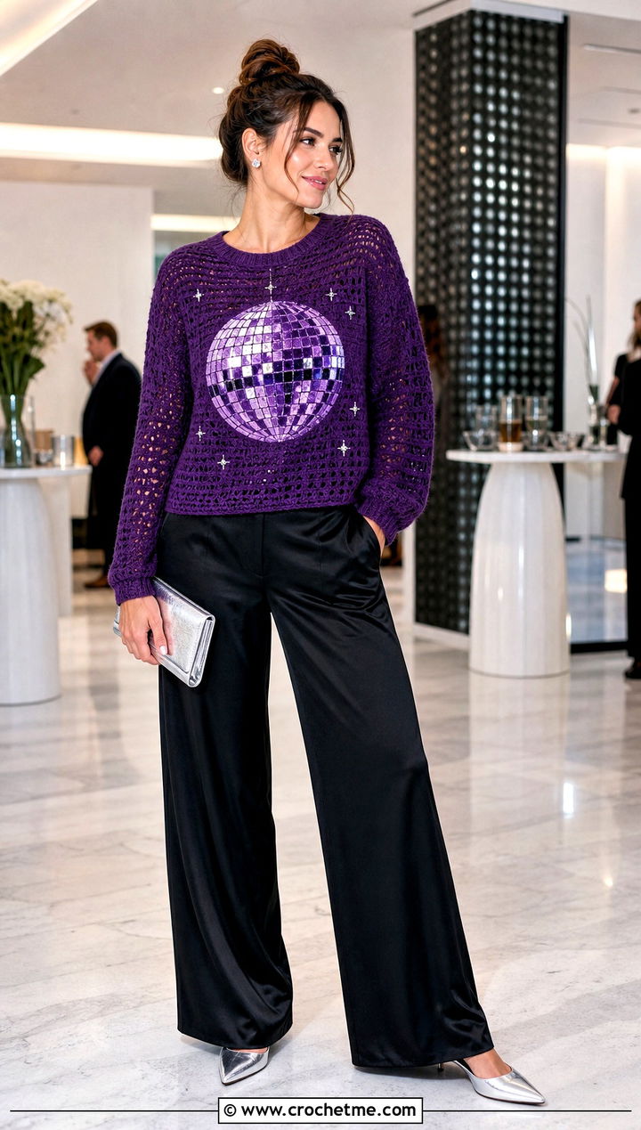 Disco Ball Crochet Mabel Sweater With Satin Trousers - 35 crochet mabel sweater outfit ideas