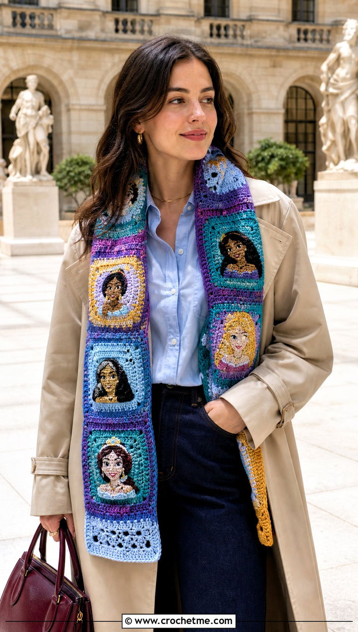 Disney Princess Granny Square Scarf With Trench Coat - 20 Crochet Disney Scarf outfit ideas