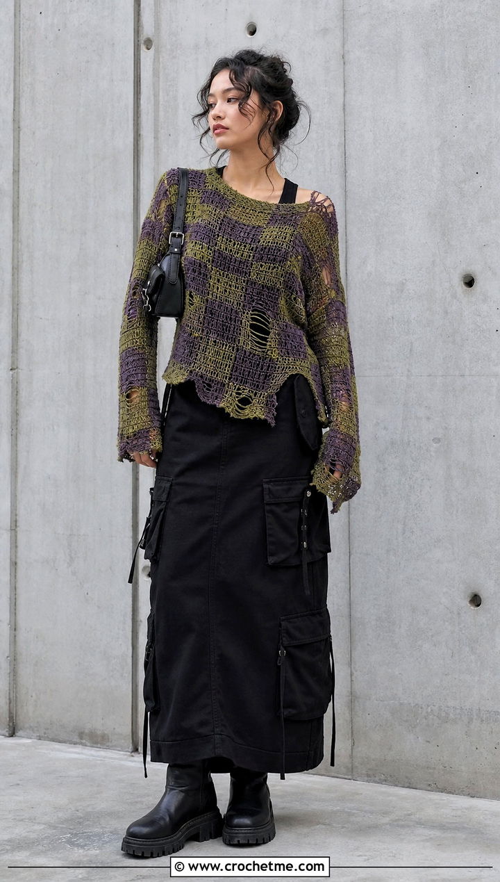 Distressed Checkered Sweater With Utility Maxi Skirt - 30 crochet checkered sweater outfit ideas