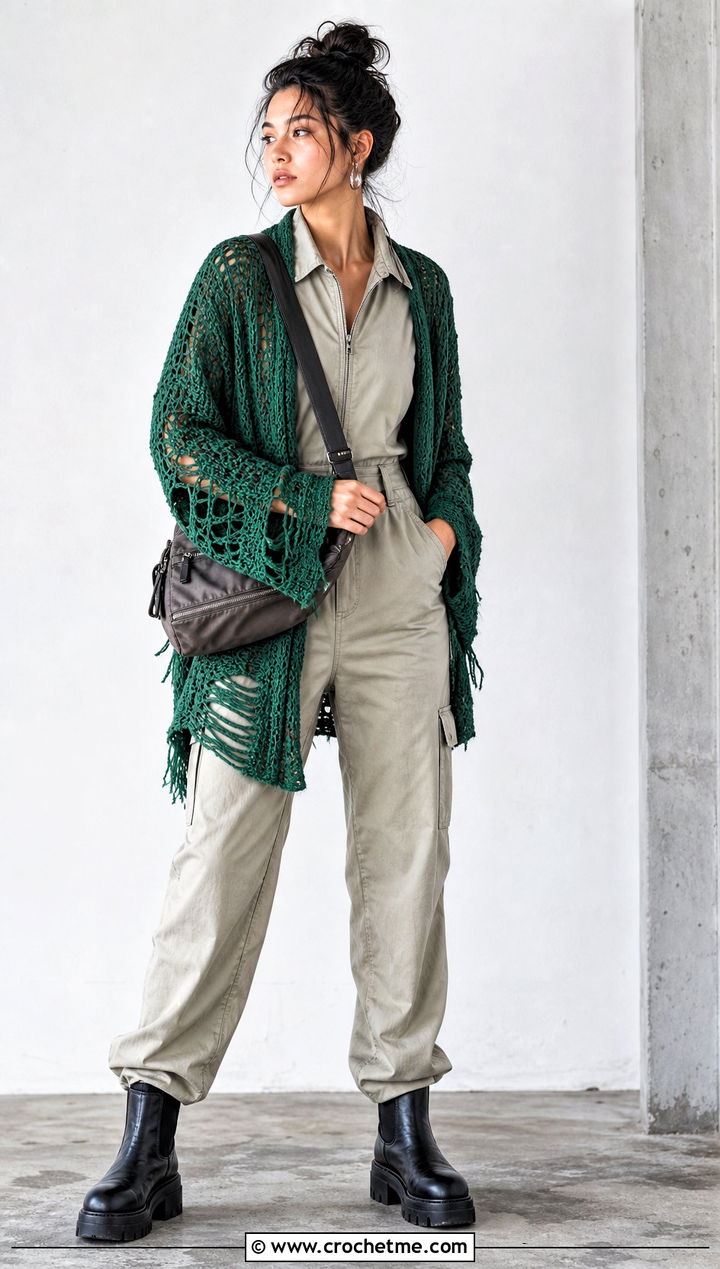 Distressed Crochet Boyfriend Sweater Over A Utility Jumpsuit - 30 crochet boyfriend sweater outfit ideas
