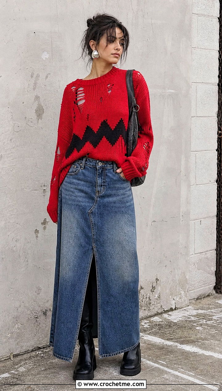 Distressed Crochet Charlie Brown Sweater With Denim Maxi Skirt - 15 Crochet Charlie Brown Sweater outfit ideas