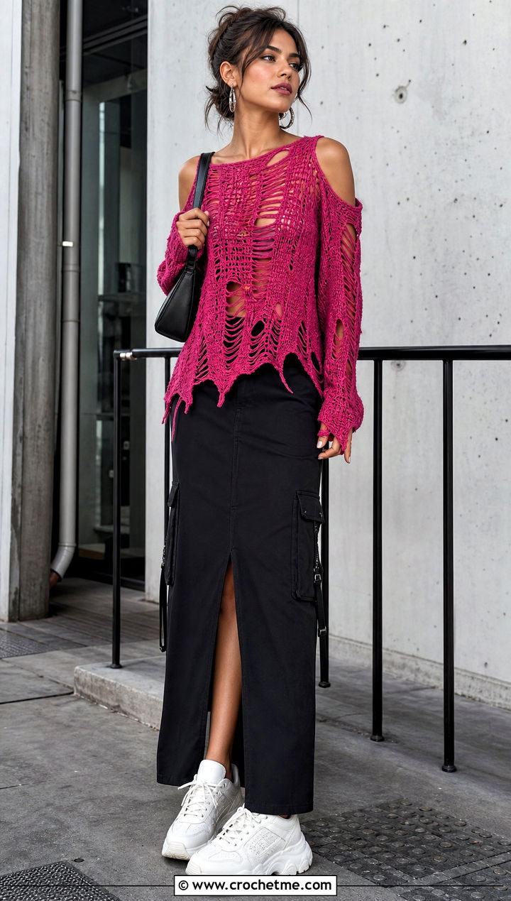 Distressed Crochet Cold Shoulder Top With Cargo Maxi Skirt - 35 crochet cold shoulder top outfit ideas