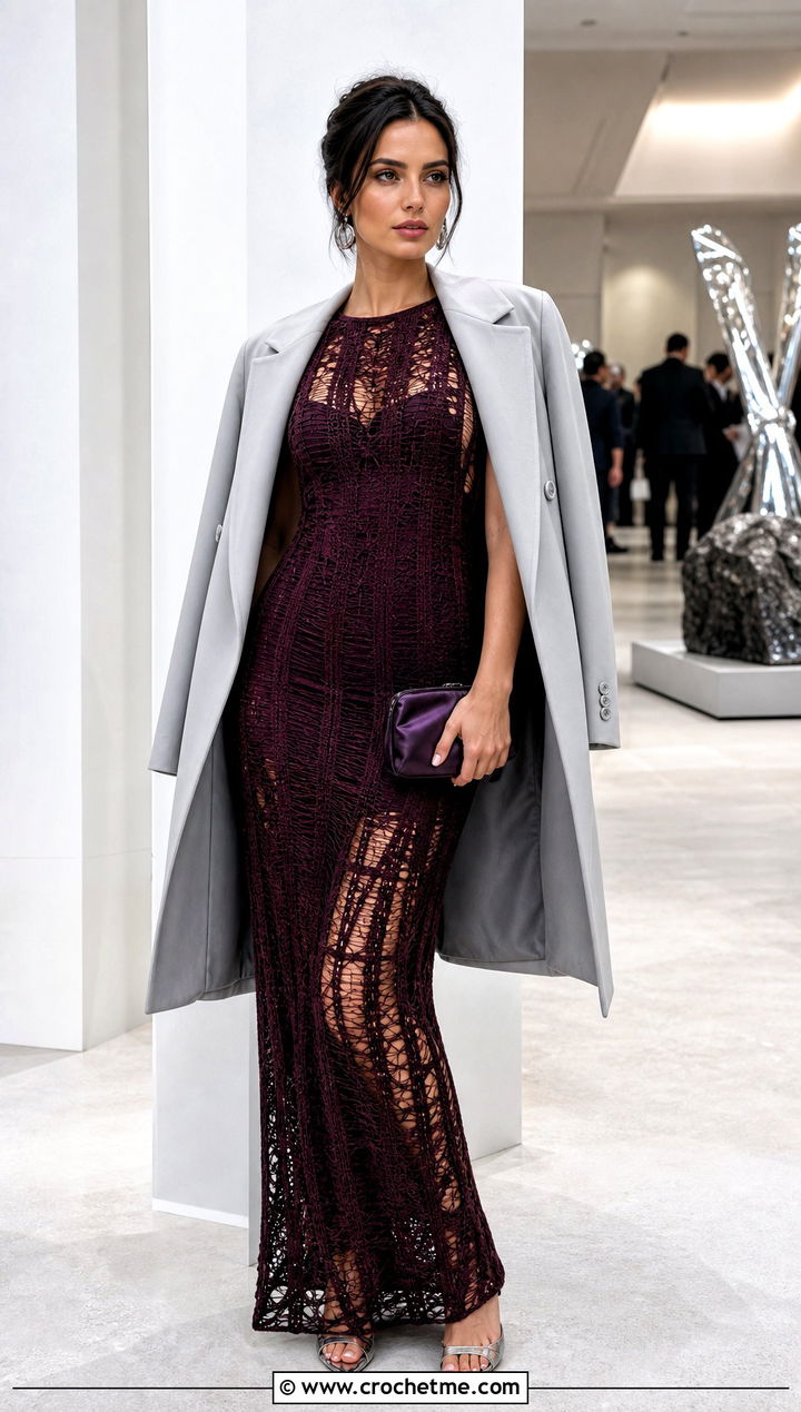 Distressed Crochet Column Dress With Metallic Heels - 25 Distressed Crochet Dress outfit ideas