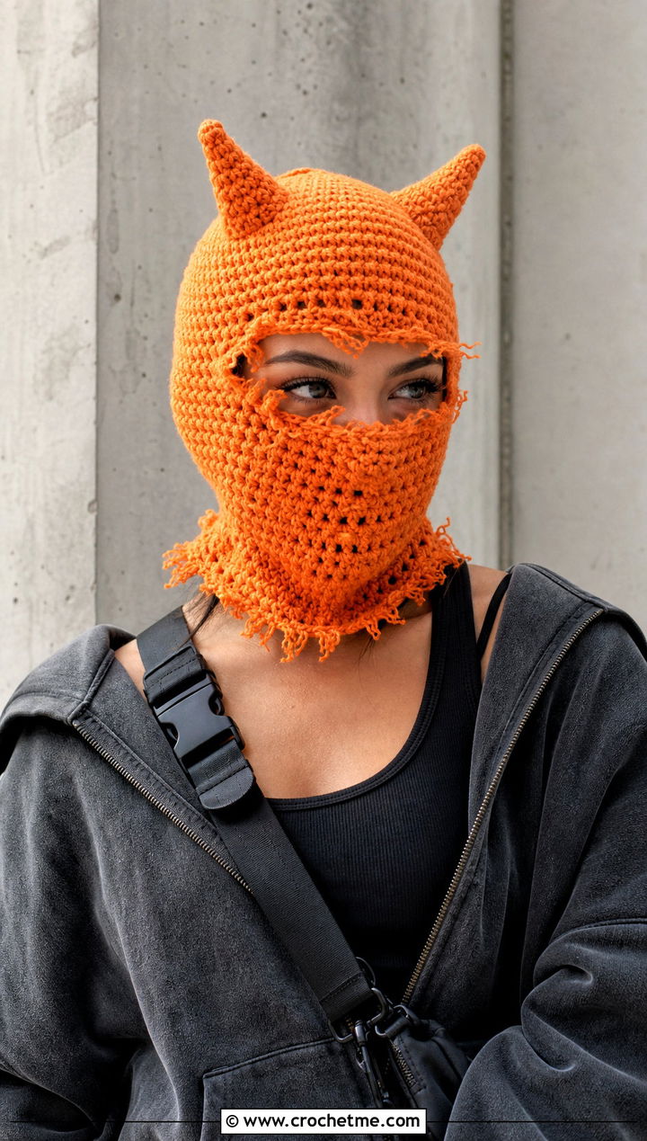 Distressed Crochet Devil Horn Balaclava With Oversized Hoodie - 20 crochet devil horn balaclava outfit ideas